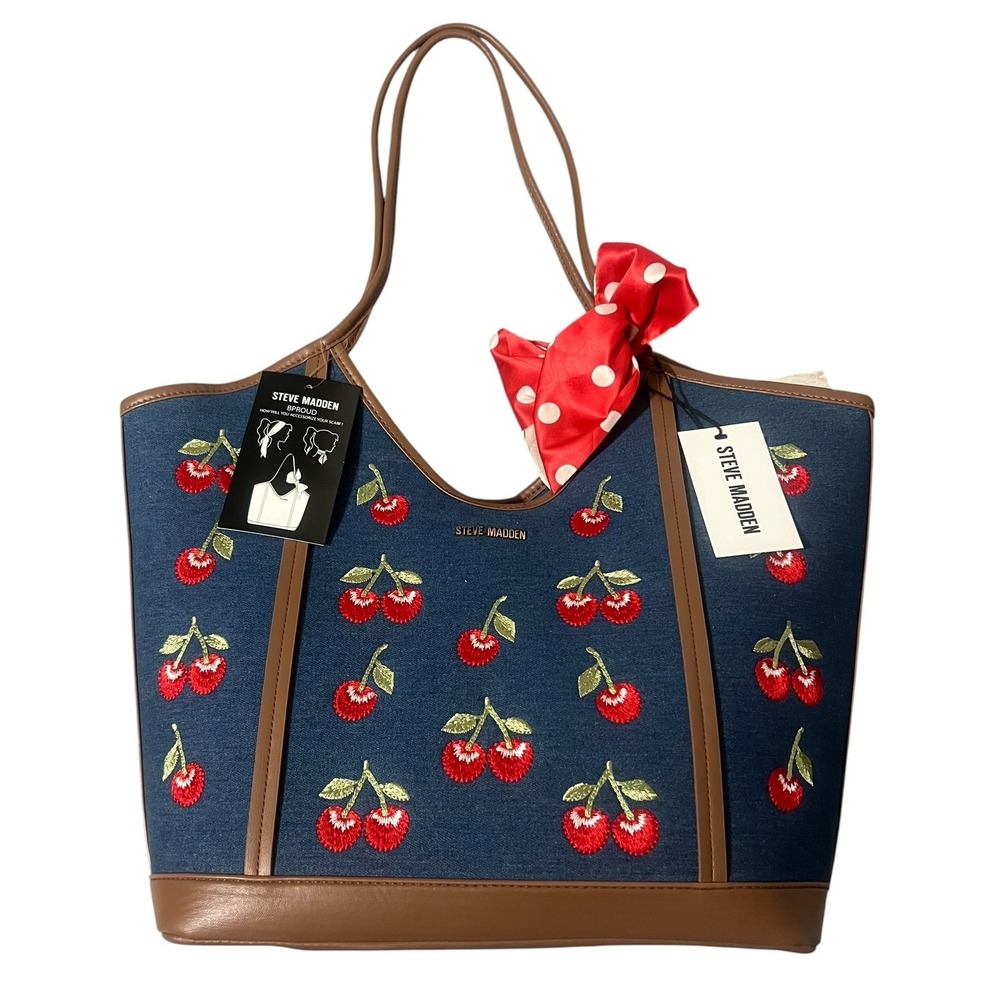 Steve Madden Women's BPROUD 2 Tote Bag OS Blue Denim Cherry Scarf Rockabilly NWT